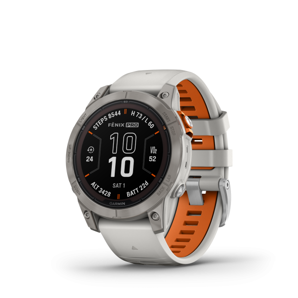 GARMIN Fenix 7 Pro Sapphire Solar, Nebelgrau -  Titanium Titan mit Nebelgrau/Glutorangem Armband, 47mm (010-02777-21)