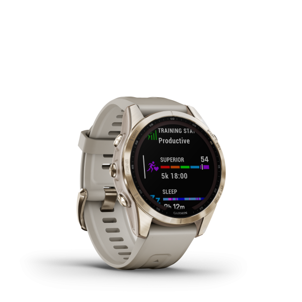 GARMIN Fenix 7S Sapphire Solar, Cremegoldenes Titan mit beigefarbenem Armband, 42mm (010-02539-21)