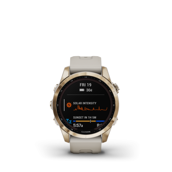 GARMIN Fenix 7S Sapphire Solar, Cremegoldenes Titan mit beigefarbenem Armband, 42mm (010-02539-21)